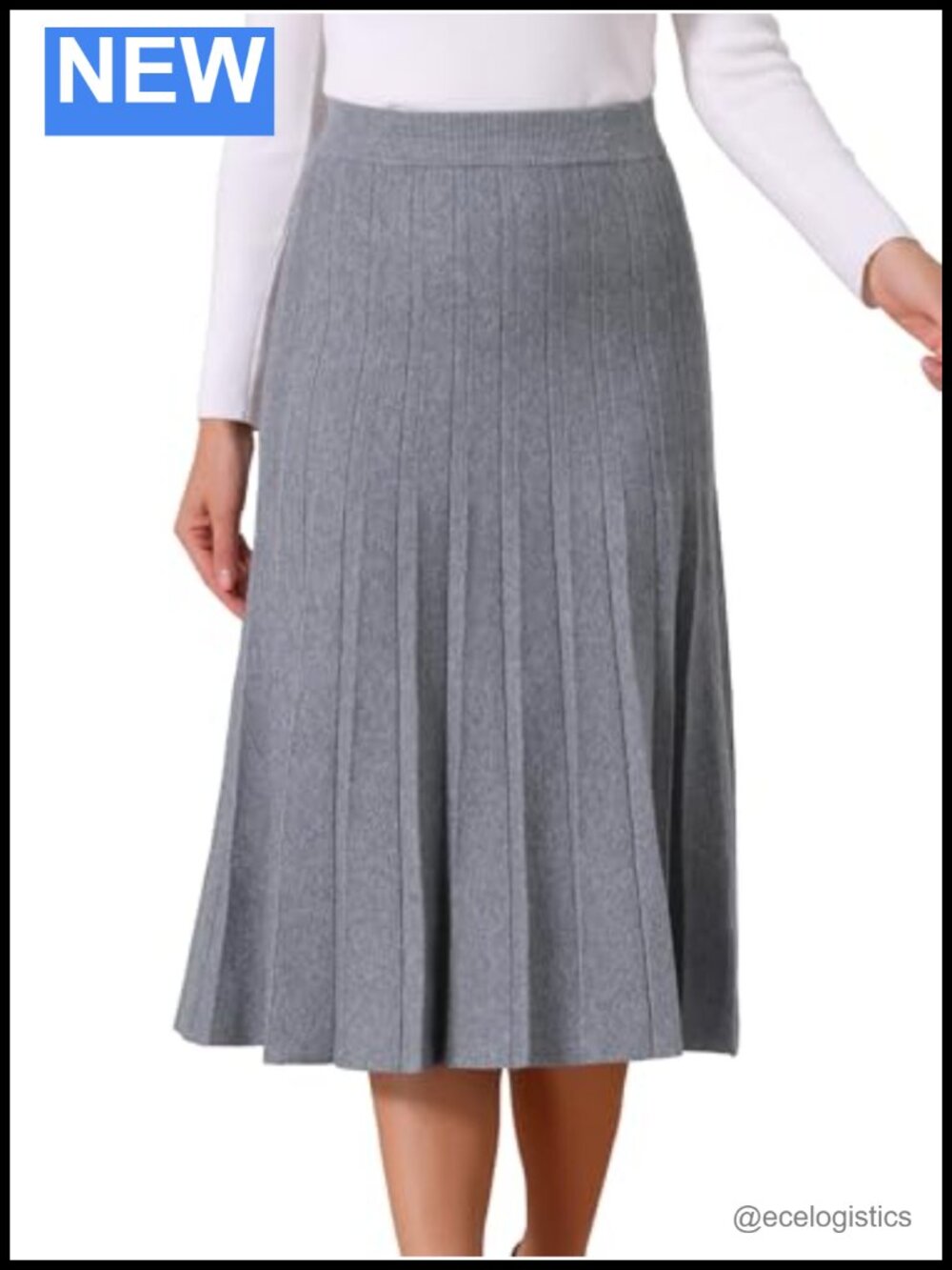 Pleated Ribbed Knit Midi Skirt High Waist A-Line Stretchy